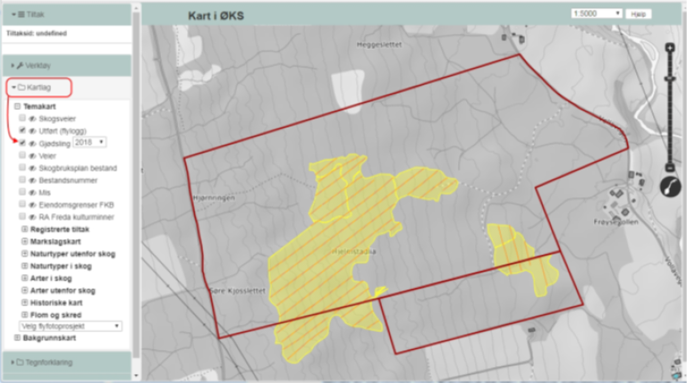 Bildet er en skjermdump fra kartløsningen i ØKS som viser et gjødslingsareal sammen med eiendomsgrenser