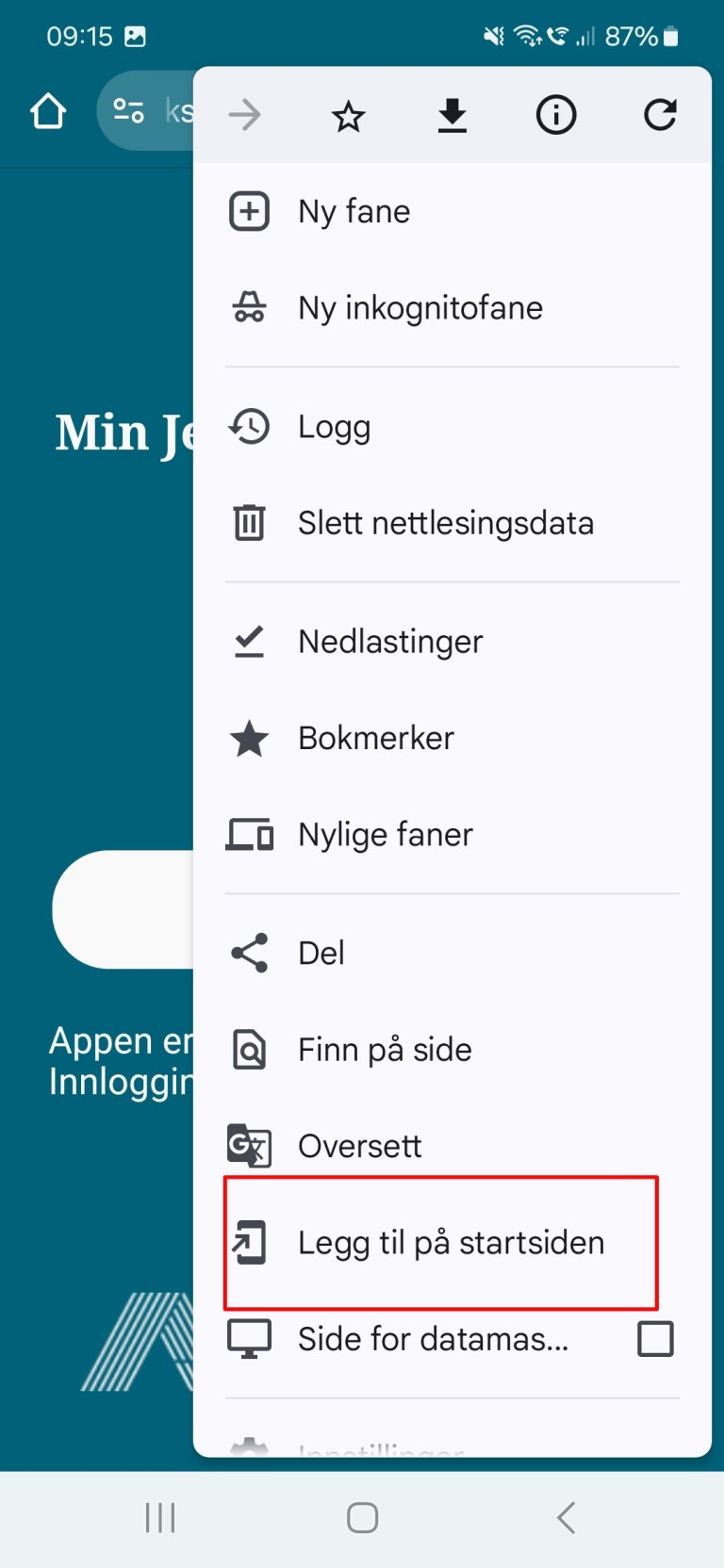 Bildet viser Velg Legg til på startsiden 