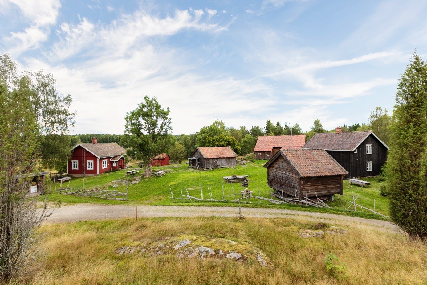 Tunet på Nordre Bøensætre med den gamle skolestua til venstre. Slåttenger og beiter holdes i hevd i området.  Foto: Koppang Landbruk. 