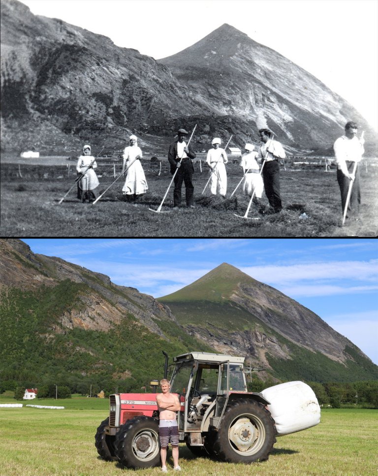 Slåttefolket i arbeid på myrteigen på Korsaksla på Engeløya i 1930 og i 2018.   Foto 2030 ukjent/Ada Edvardsen. Foto 2018 Oskar Puschmann, NIBIO/Riksantikvaren