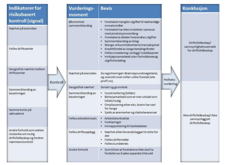 Figuren er en visualisering av hvordan gangen i en driftsfellesskapssak ofte framstår, med indikatorer for risikobasert kontroll, vurderingsmoment, bevis og konklusjon.