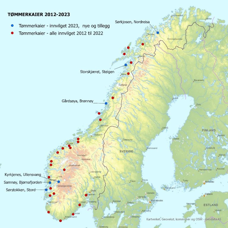 Kart som viser tømmerkaier langs norske-kysten i 2023.