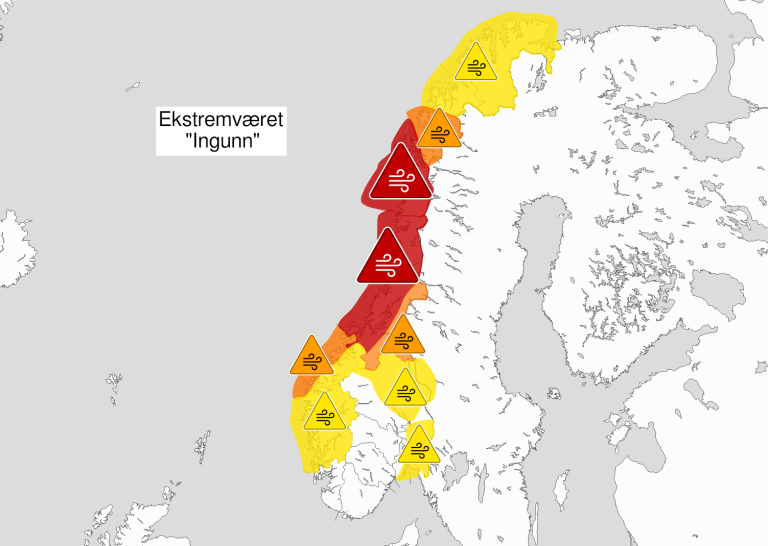 Værkart ifm ekstremværet Ingunn som advarer mot ekstreme vindkast i Midt-Norge. Skjermdump fra Meterologisk institutt.