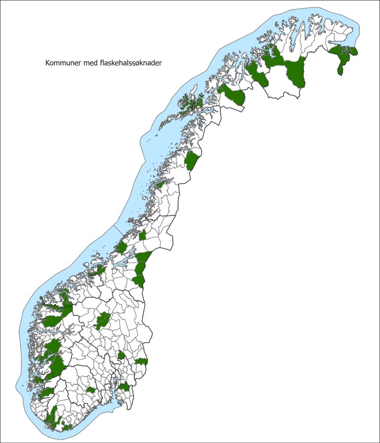 Norgeskart med markering av kommuner med "flaskehalssøknader"