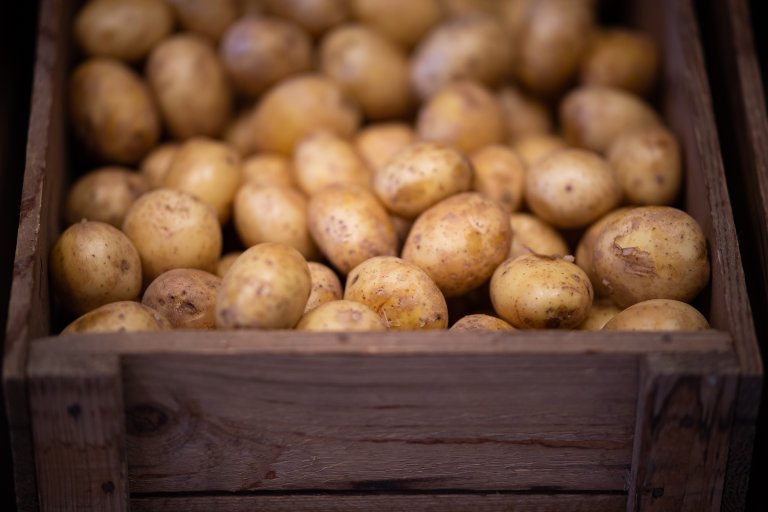 Bilde av en stor trekasse fylt med poteter.