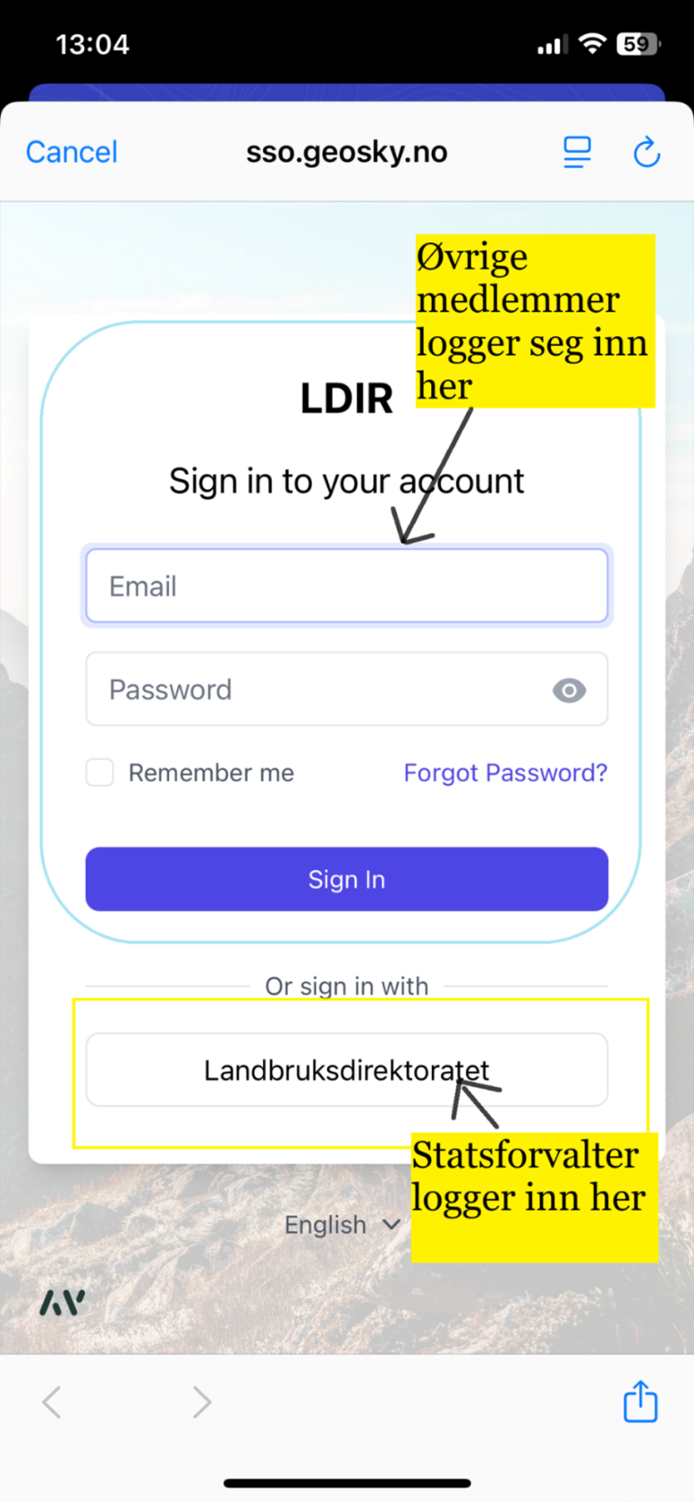 Steg 2 i innlogging Feltapp