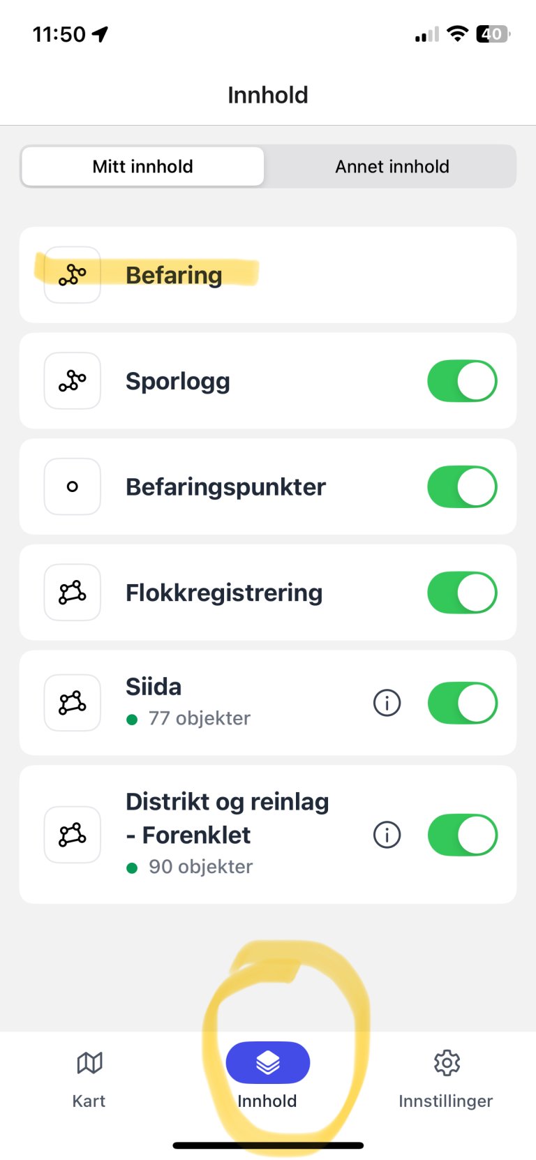 Meny med flere valg, velg øverste "Befaring" og klikk deretter på "Innhold nederst i midten