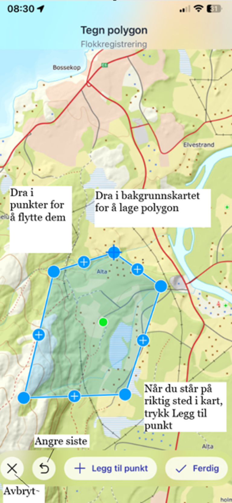 Interaktivt kartbilde med anvisning av mulighet for å sette kartpunkter