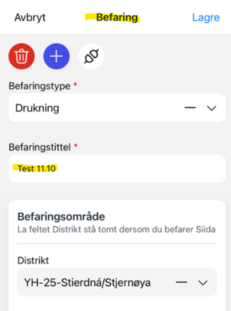 Meny med "Befaring" øverst i midten og befaringstittel skrevet inn lenger ned
