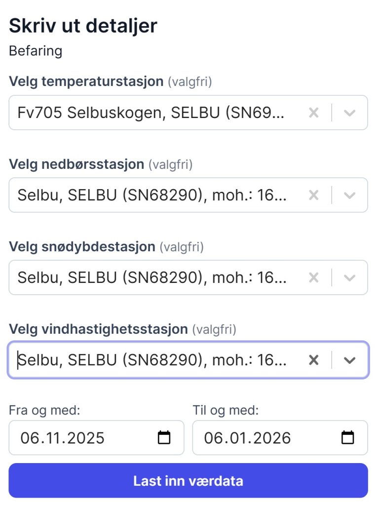 Bilde med overskrift "Skriv ut detaljer", valg i nedtrekksmeny: temperatur, nedbørsstasjon og snødybdestasjon.