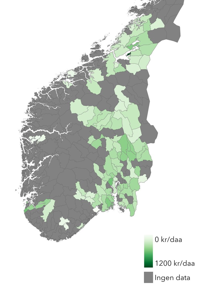 Kartet viser innrapporterte priser på leie av jord til korndyrking på kommunenivå.